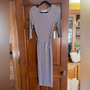 Emma & Michele striped 3/4 sleeve boat neck midi dress leather tie belt Small